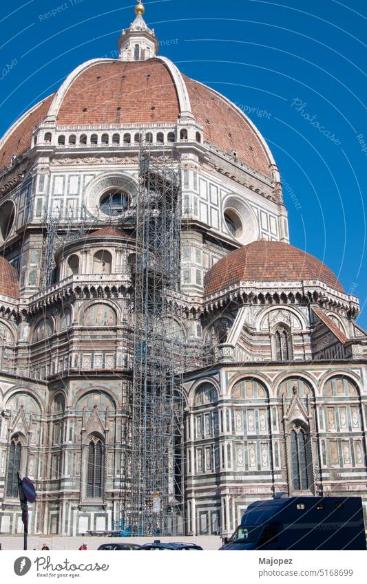 Facade of Cathedral of Saint Mary of the Flower. Florence monument historic old medieval basilica duomo famous building italian renaissance tuscany aerial