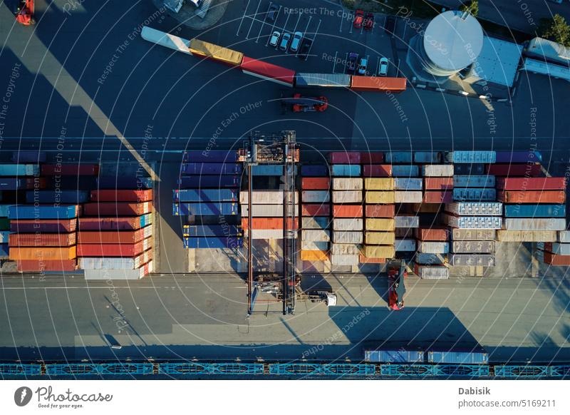 Containers warehouse, aerial view. Shipping and logistic concept cargo container shipping train railroad economic economy export freighter goods import large