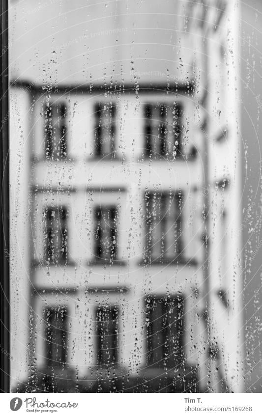 Window with raindrops bnw b/w Rain Prenzlauer Berg Berlin Courtyard Backyard Town Downtown Black & white photo Capital city Day Old town Deserted