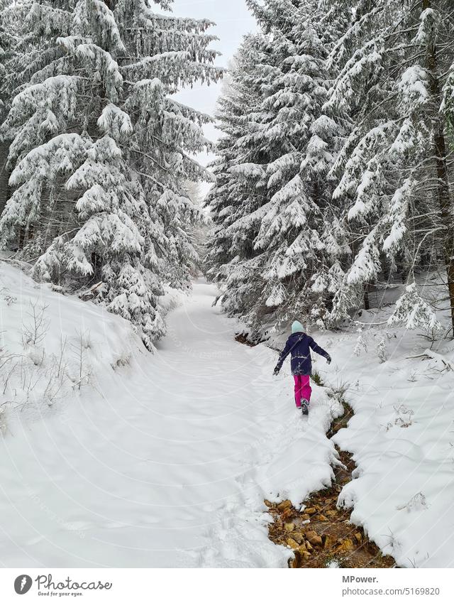 In the snow Child Snow Hiking Snowscape Winter Forest Brook forest path To go for a walk Trip White Cold snow-covered Playing Nature Winter mood Winter's day
