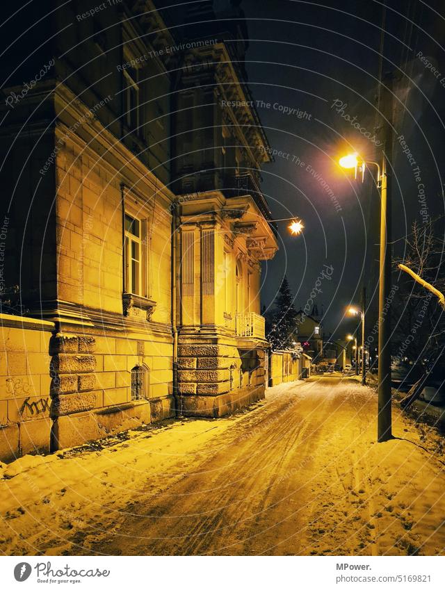 old villa on the Elbe Snow Winter Lantern at night off Villa House (Residential Structure) Old Lighting Street snowy Tracks Cold winter Deserted Exterior shot