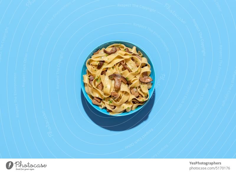 Mushroom pasta dish, above view on a blue background boletus bowl carbs color cooked copy space cuisine cut out delicious dinner edible fettuccine flat lay food