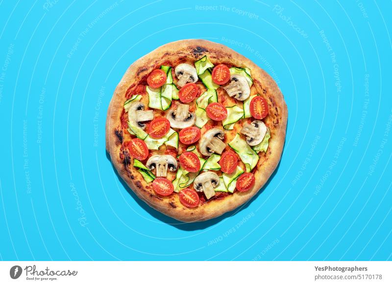Vegan pizza above view, isolated on a blue background baked bright cardboard champignon color copy space crust cuisine cut out delicious design diet dinner dish