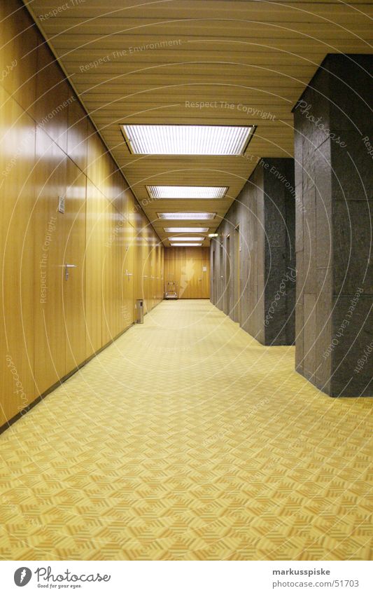 aisle into the void Carpet Retro Style Seventies Beige Brown Yellow Light Wood Public agencies and adminstrations Mask Marble Perspective Corridor