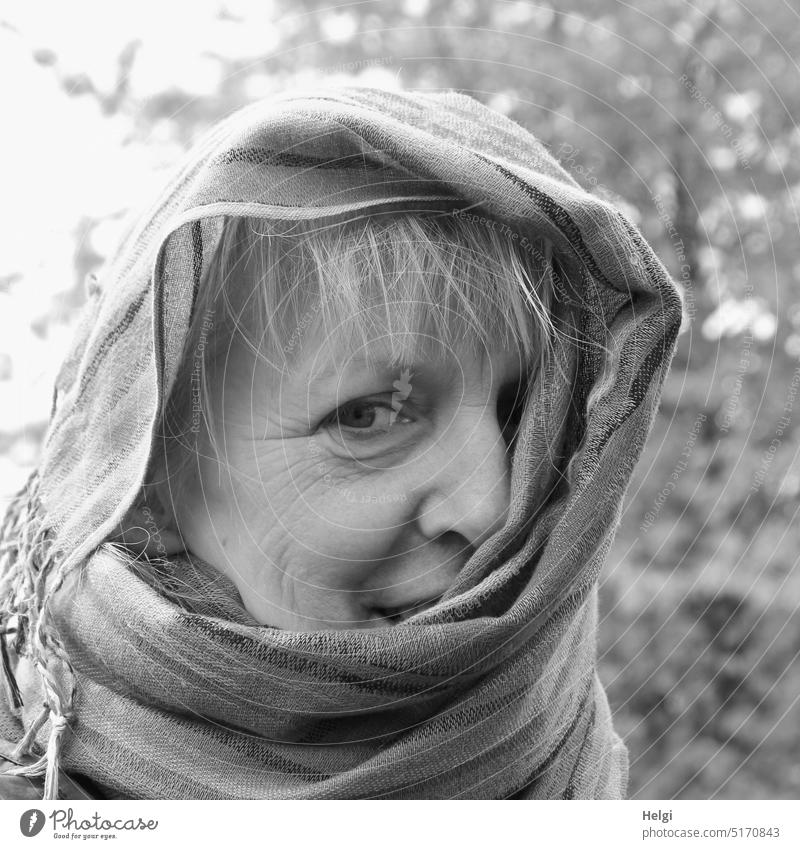 Face of smiling woman with head half covered with cloth Woman Head shrouded Rag Smiling Human being feminine Eyes Nose hair Mouth portrait Feminine Looking