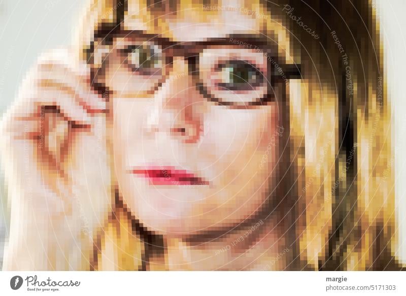 Smiley: Woman with glasses people Eyeglasses pixels pixelart sad Sadness Hand Blonde Girl Adults Expression Emotions Pensive Loneliness Concern Earnest Face