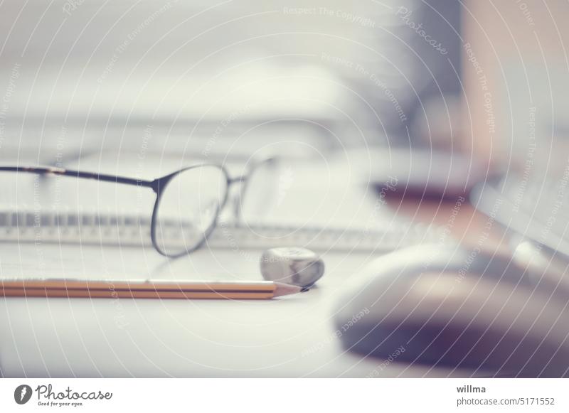 Learning at the desk in the office, study, breaks are important Study Academic studies Office Eyeglasses Pencil writing pad Eraser Education School