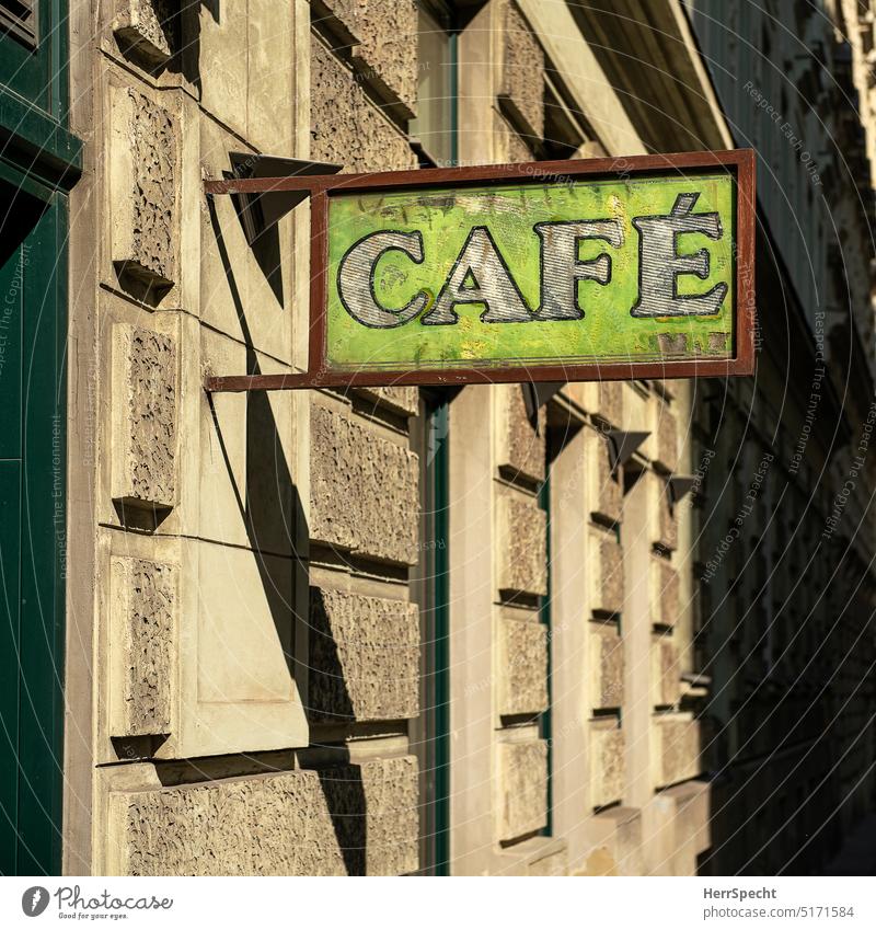 Old cafe sign in vienna Café Signs and labeling Green Facade Vienna Patina Letters (alphabet) Characters Exterior shot Deserted Colour photo Wall (building)