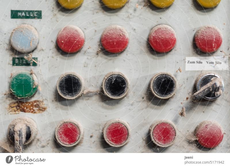 Many dusty buttons and switches Buttons Switch dusted Old Factory Electricity Technology Dirty Energy Hall Industrial plant Work and employment Industry