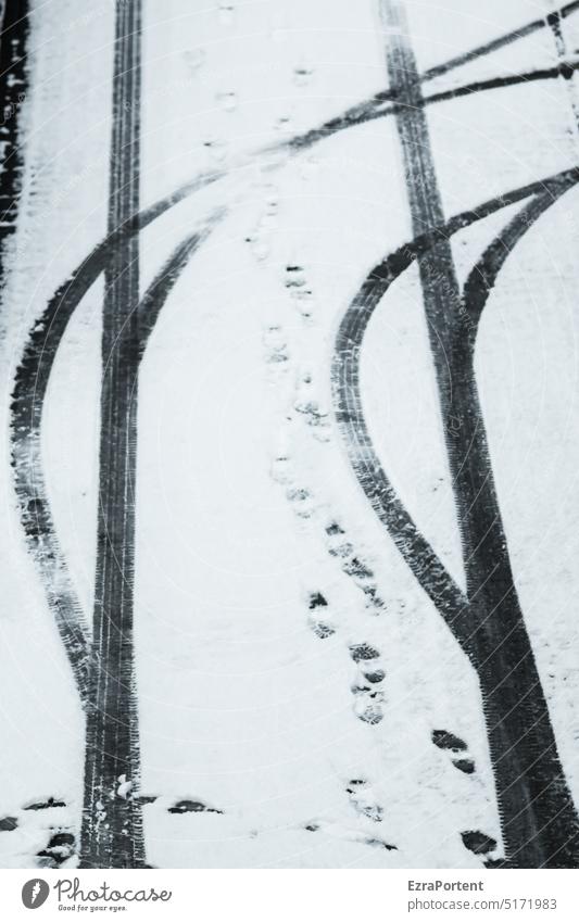deviant trace Tracks Street Road traffic Snow Winter Skid marks footprints Black White Right ahead car turning right Snow track Lanes & trails Cold