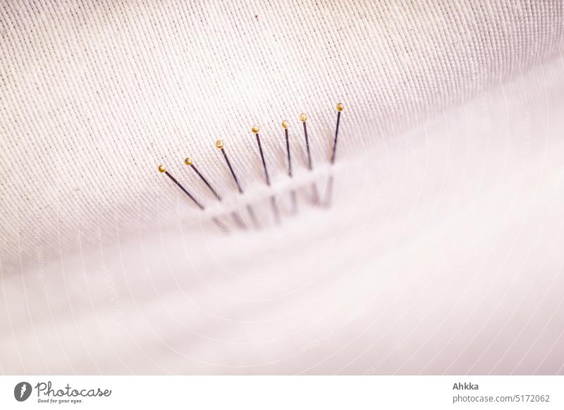 Seven pins hold fabric together Scar 7 Row Pins and needles stick together Pain Connection Illness Wound blurriness Skin Healthy care Health care Operation