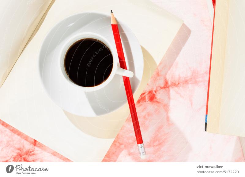 Cup of coffee , books and pencil cup drink breakfast cup of coffee beverage copy space red pencil opened book studio shot table leisure time office