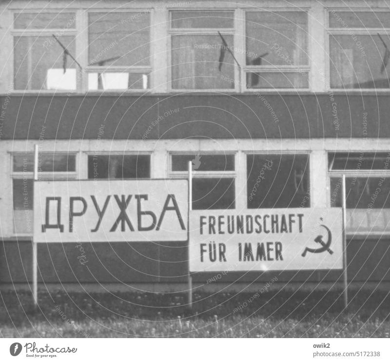 Forever old photo GDR Past once Former Black & white photo Nostalgia Old Analog Photography village school Memory Signs and labeling propagandized