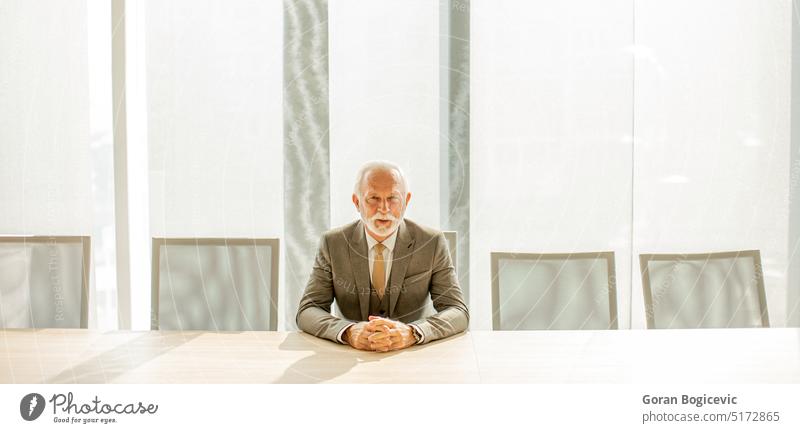 Senior business man sitting in the boardroom at the office adult aged beard boss businessman caucasian colleagues company confident corporate elderly