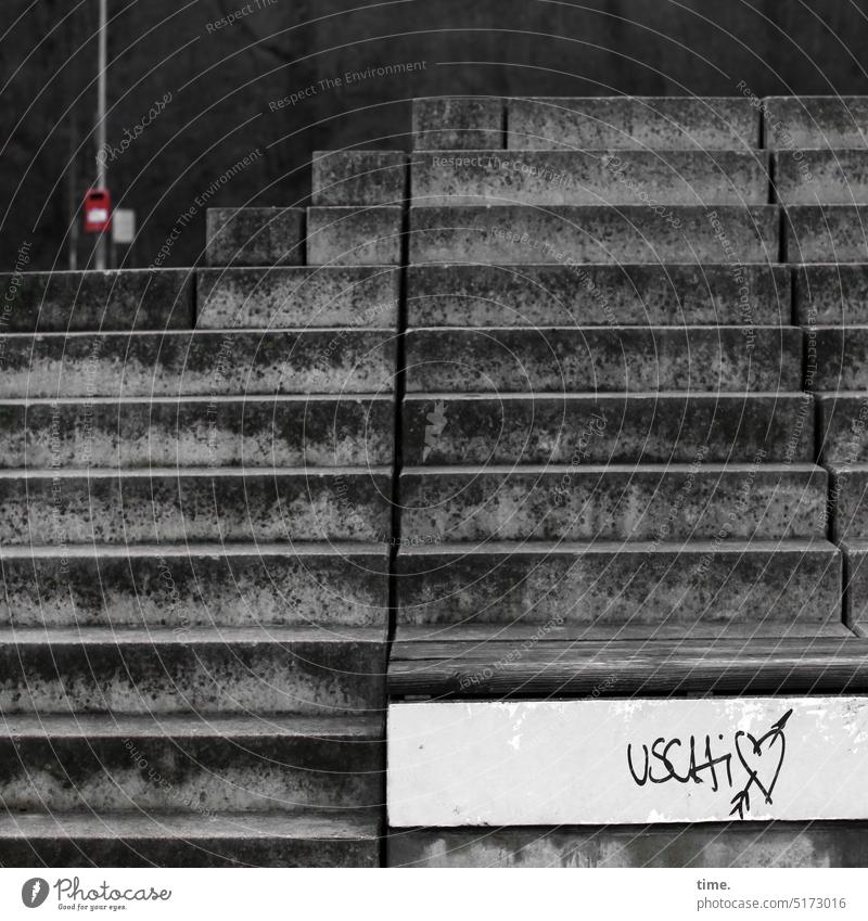 exaggerated | curb love Stairs Heart uschi Arrow Name graffiti sign dustbin Concrete Romance foolish somber Transience Change Decline Public Declaration of love
