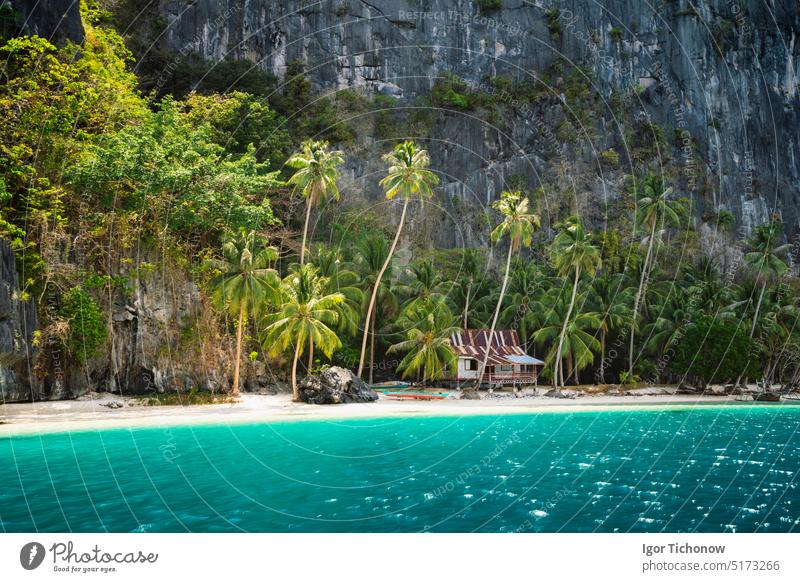 Secluded remote beach with hut under palm trees on Pinagbuyutan Island. Amazing lime stone rocks, sand beach, turquoise blue lagoon water philippines palawan