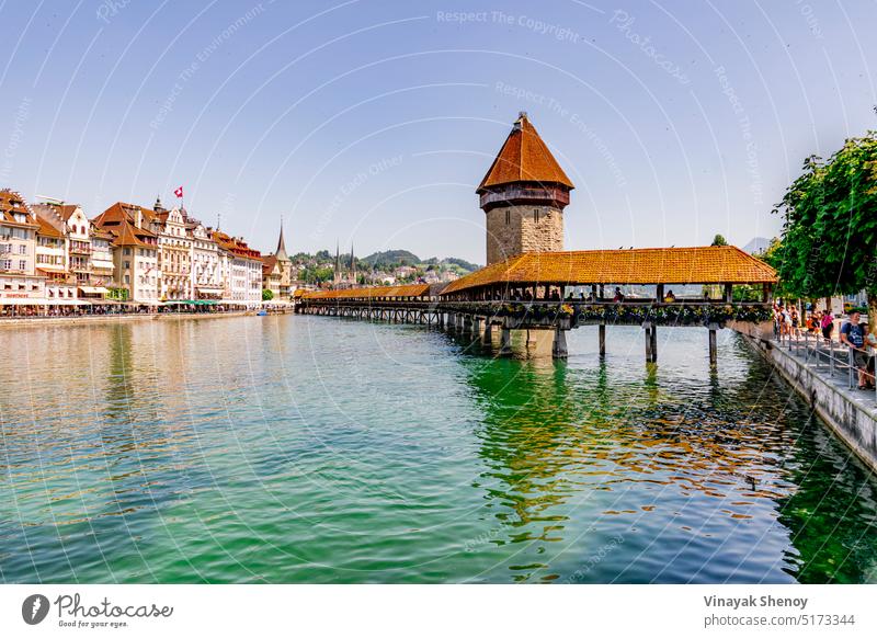 Kapellbrücke, Lucerne - the ensemble of the bridge and the old tower is one of the major landmarks of the town. Switzerland Lake Water Bridge