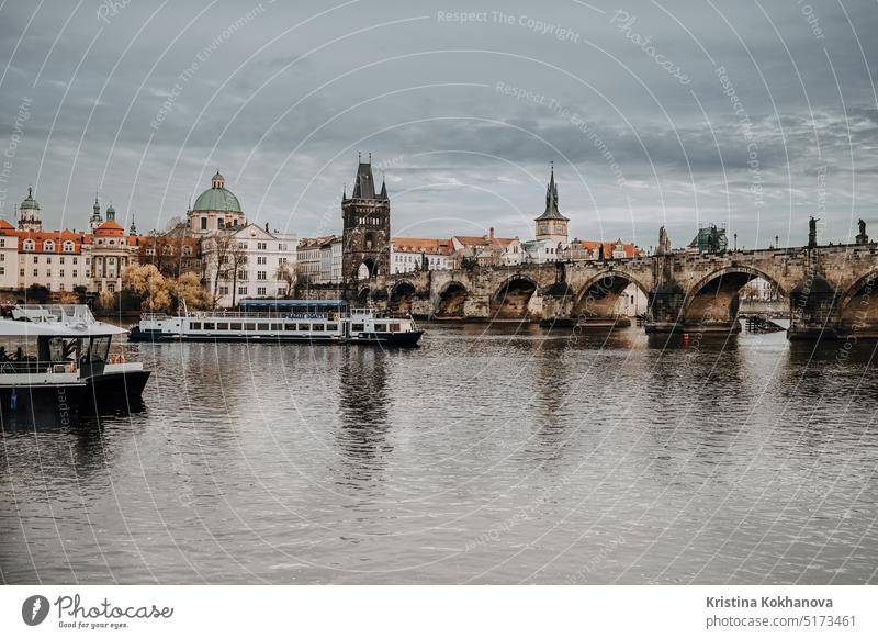 Prague, Czech - February 2023. Boat tours on Vltava river under Charles Bridge europe panorama tourism travel vltava architecture bridge building charles city
