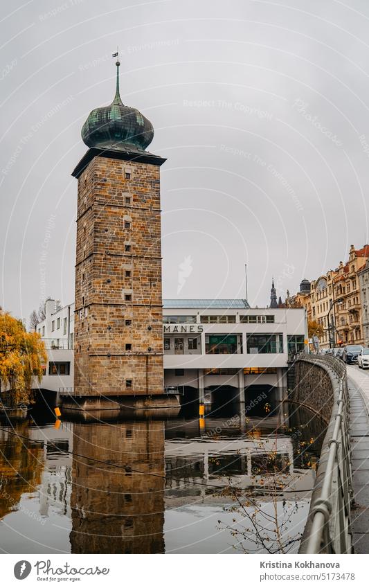 Prague, Czech - November 2023. Sitkov Water Tower on Vltava river at autumn landmark prague tower czech republic sitkov water tower vertical blue sky