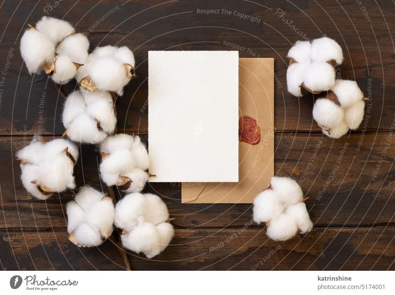 Blank card and envelope with cotton flowers top view on dark brown wood, wedding mockup beige vertical white dried romantic copy space invitation greeting