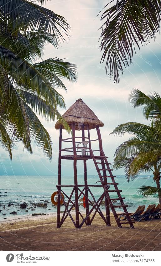 Color toned picture of an empty tropical beach, travel concept, Mexico. summer vacation holiday nature Caribbean sky water sand relax sea ocean peaceful tree