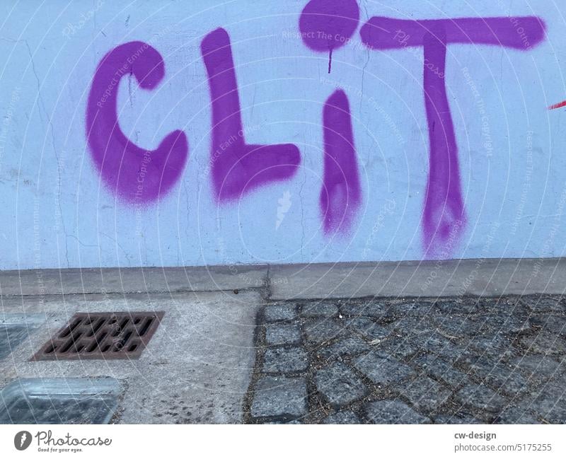 CLIT sprayed on a house wall artist_clit Schmierereien Copy Space bottom policy politically political expression Close-up White Politics and state