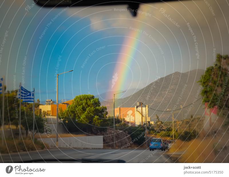 Windshield meets rainbow early morning Windscreen Rainbow Vacation & Travel Sky Travel photography Driving Summer Street Silhouette Greece Flag Car Sunlight