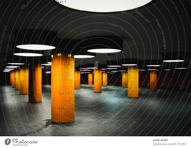 underground passage from the 70s Architecture Column Tile Orange Lighting Lanes & trails Underpass Underground Subsoil Passage Design Charlottenburg Tunnel