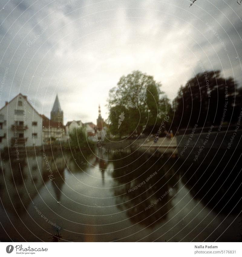 City view Soest pinhole Colour Analog Analogue photo Town Water Pond Architecture Nature Church Tree half-timbered Day Exterior shot Colour photo