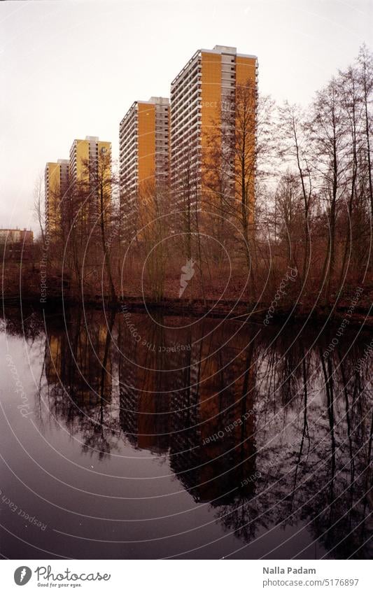 Skyscrapers and their water reflection Analog Analogue photo Colour Colour photo Architecture Nature Water High-rise GDR trees Lake Marzahn Helene-Weigel-Platz