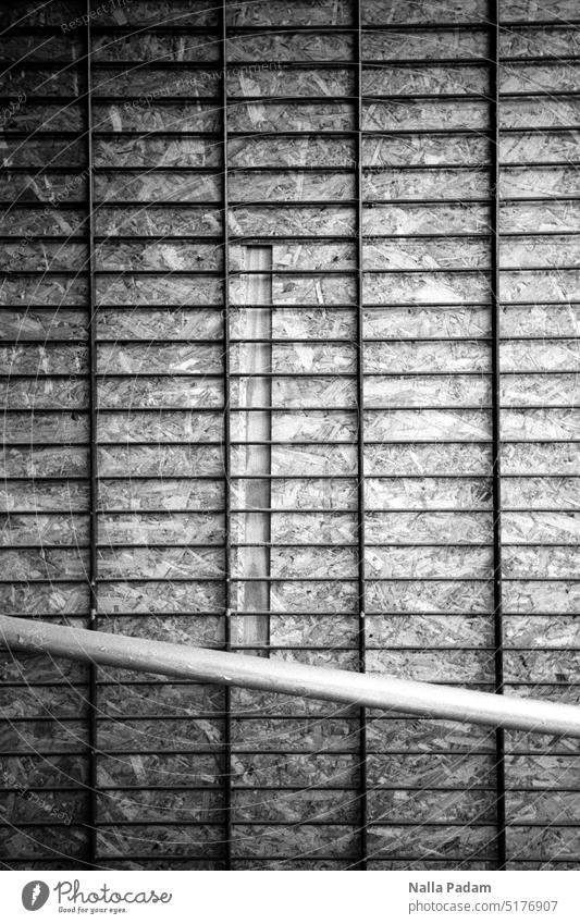 Railing, lattice, wooden panel - After the flood Analog Analogue photo black-and-white Black & white photo Grating rail Wood Eifel Board Protection Destruction