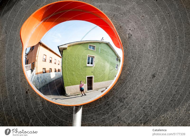 Mirror image on the street corner Reflection Exterior shot reflection Woman exterior mirrors House (Residential Structure) Street Architecture Deserted Building