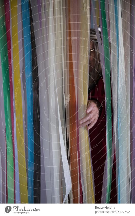 Spanish curtain from colorful plastic ribbons 2 with hand door Drape Hand Hiding place spickel open Insight demarcation Curtain Shadow Decoration Interior shot