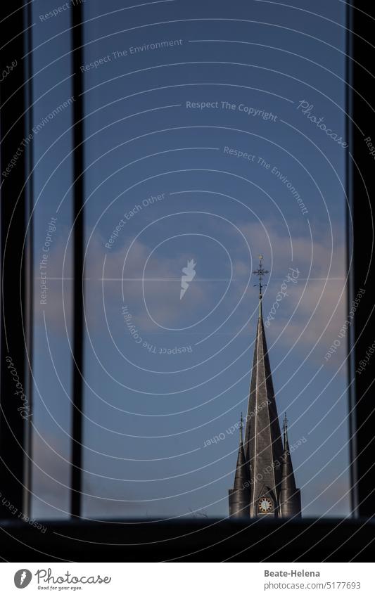 Spring awakening: Everything strives upwards Sky sunshine Clouds early morning Window frame Church spire Clock Time Deserted Clock hand Digits and numbers