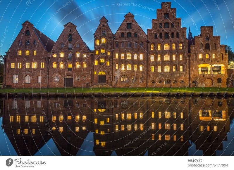 Lübeck salt store salt reservoir Reflection in the water blue hour clearer reflection Water Deserted Blue Evening Night Architecture Long exposure Tourism River