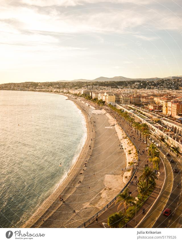 View of Beach in Nice, France. Ocean Water travel Summer Vacation & Travel vacation Destination Sand Relaxation seaside Tourism Tourist Landscape Nature Coast