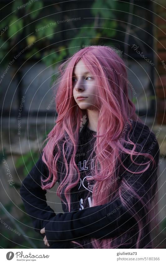 borderline | puberty rebellion, girl with long pink hair, provocative, cool, crazy portrait teenager Girl Pink Hair and hairstyles Long-haired Puberty