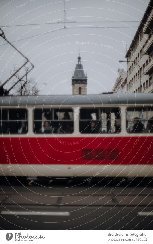 Prague city view streetcar rushes through picture out of focus Analogue photo Czech Republic Travel photography Card Europe Town City trip cityscape famous
