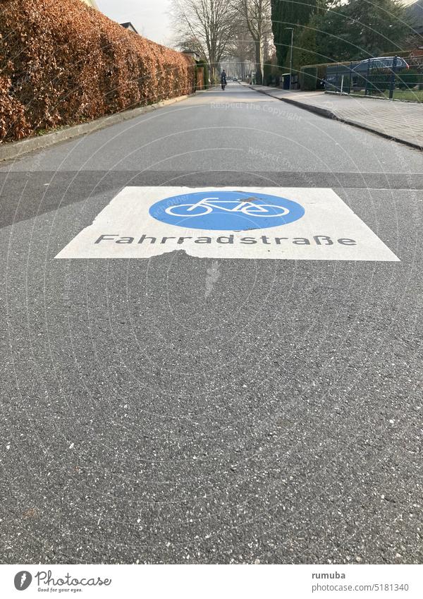 Marking bicycle road Blue Asphalt road Hedge Bicycle Cycling Transport Town mark Pictogram Colour Traffic infrastructure Lettering Street Letters (alphabet)