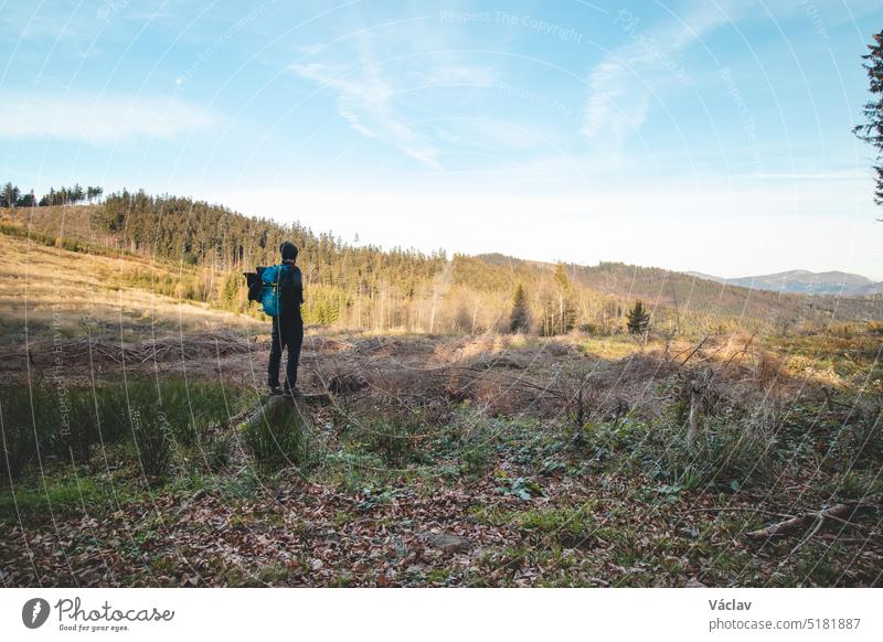 Traveller with a blue backpack on his back walks towards his unforgettable experiences in Beskydy mountains, Czech republic. Morning sun illuminating a clearing