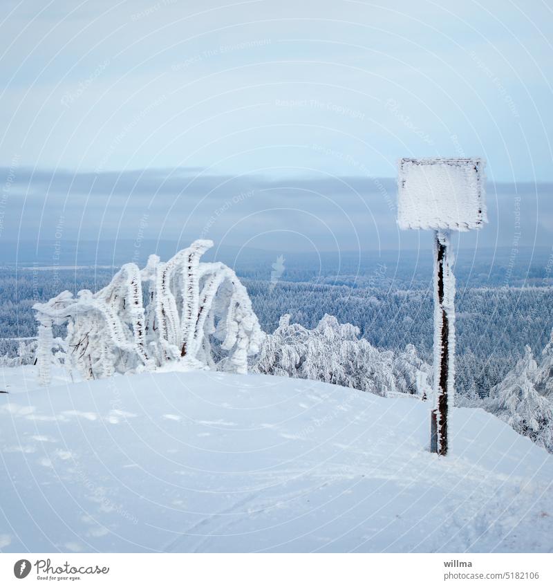 Up on the mountain. The weather is not mild. That's why the sign is freezing. Winter winter snowy snow-covered Snow winter landscape Hoar frost Mature Frozen