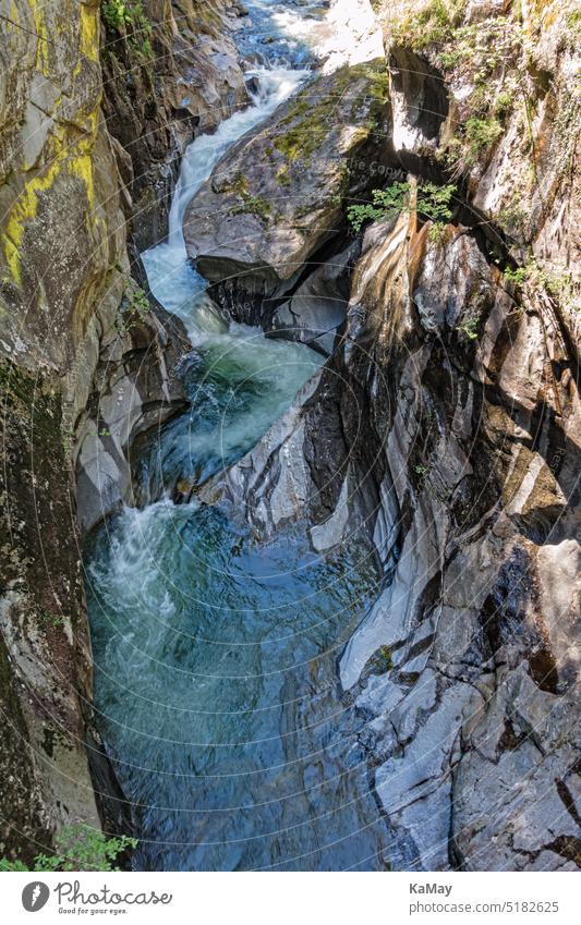 View from above into the river Passer in the Passerschlucht gorge in the South Tyrolean Alps, Italy River Canyon Landscape Water Erosion Aerial photograph