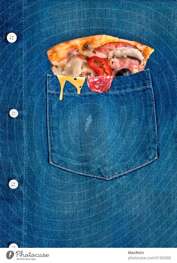 Pizza in shirt pocket Cheese Salami Fast food Eating Drinking Shirt denim shirt Washed out Buttons button facing breast pocket garments Casual clothing Textile