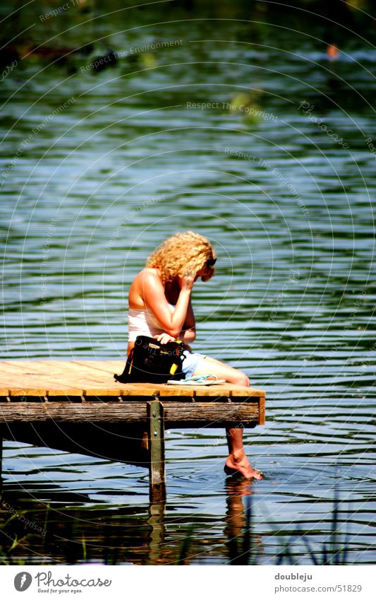 chill on the water Lake Woman Footbridge Summer Physics Summer clothing Relaxation Think Vacation & Travel Feet Water Warmth