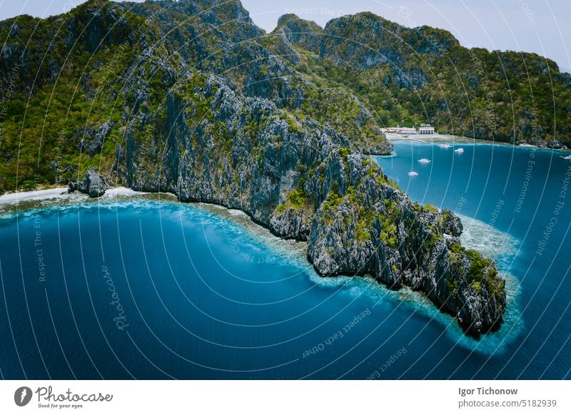 Miniloc Island with limestone cliffs. Aerial drone panoramic picture. Bacuit Archipelago, El Nido, Palawan, Philippines philippines palawan island tropical