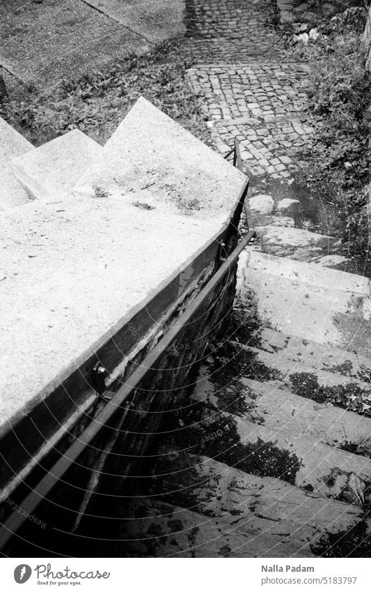 Monschau - Stairs 4 Analog Analogue photo black-and-white Black & white photo Stage rail Upward Stone up upstairs Under Above Downward