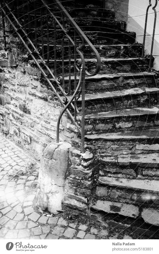 Monschau - Stairs 1 Analog Analogue photo black-and-white Black & white photo Stage rail Stone Upward up upstairs Under Above