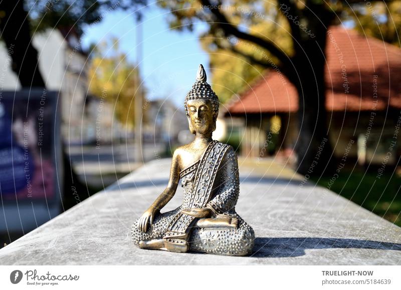 Small Buddha figure on the street in Babelsberg Sculpture Town out Meditation Serene Roadside Street houses trees Wall (barrier) Sit meditate Sunlight Shadow