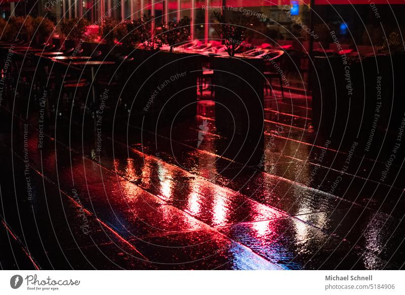 Street cafe in the evening in the rain Café Rain Wet Water Drops of water Sidewalk café Gastronomy Table Empty Chair Restaurant Deserted Exterior shot Terrace