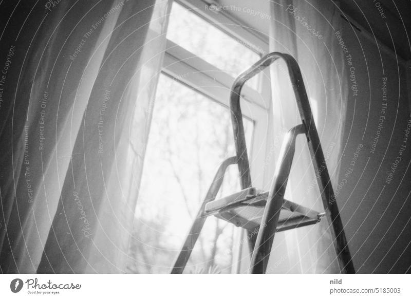 Quarantine time at home Quarantine period Black & white photo Ilford Retro stay at home free time caffenol Analogue photo Ladder Old building curtains
